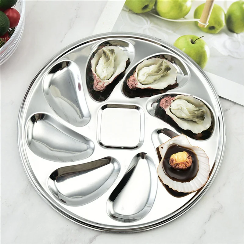 ABWR-8PCS لوحة المحار الفولاذ المقاوم للصدأ أطباق المحار قذيفة على شكل حاوية المحار دائم مع 8 فتحات لصلصة المحار