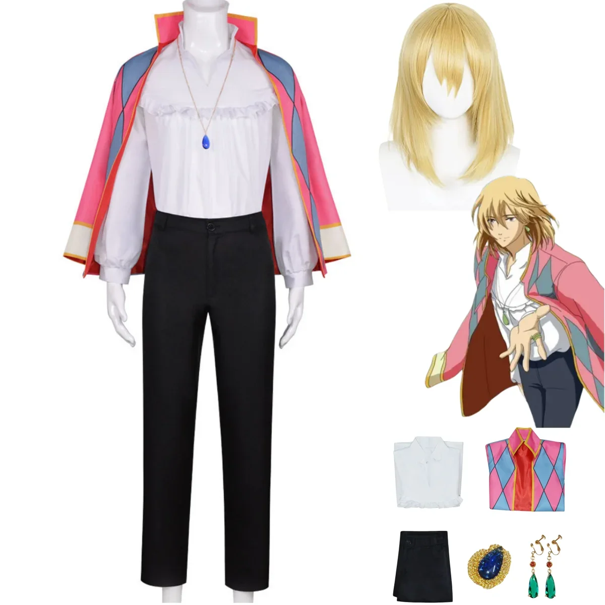 Anime Movie Howl Cosplay Costume Calcifer Lattice Cloak Coat Shirt Necklace Uniform Wig Adult Party Man Woman Halloween Suit