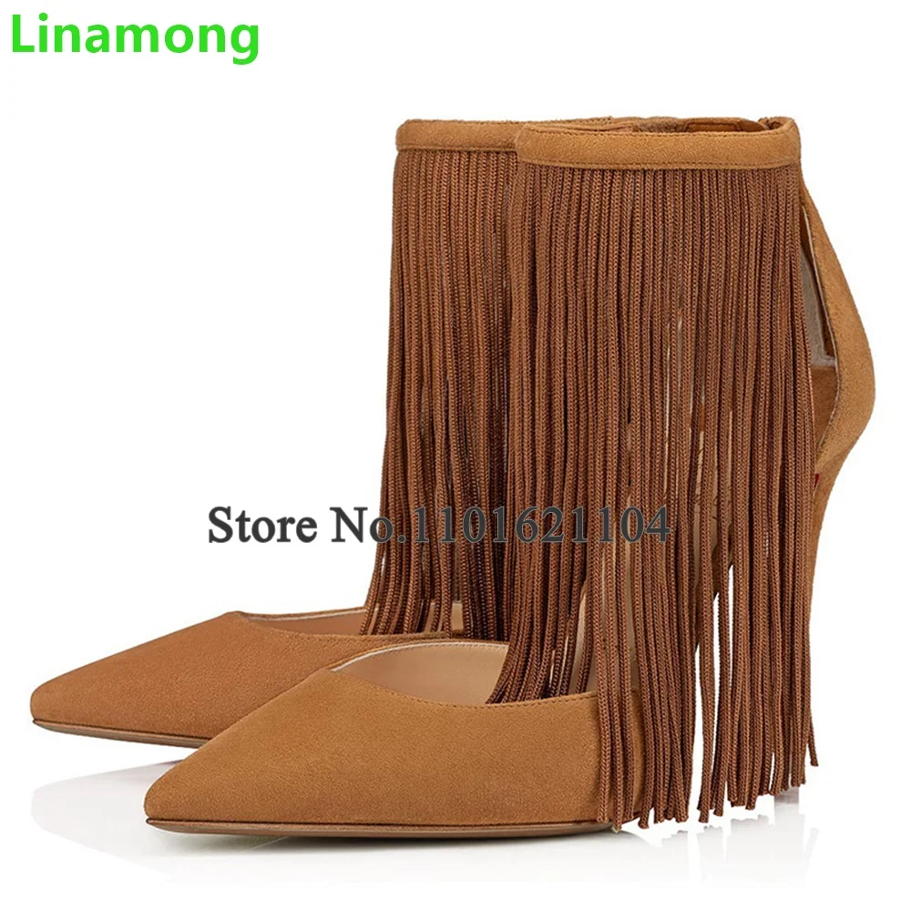 

Tassels Pointed Toe Thin High Heel Pumps For Female Women Back Zipper Sexy Solid Shallow Dress Fashuon Runway All-match Shoes