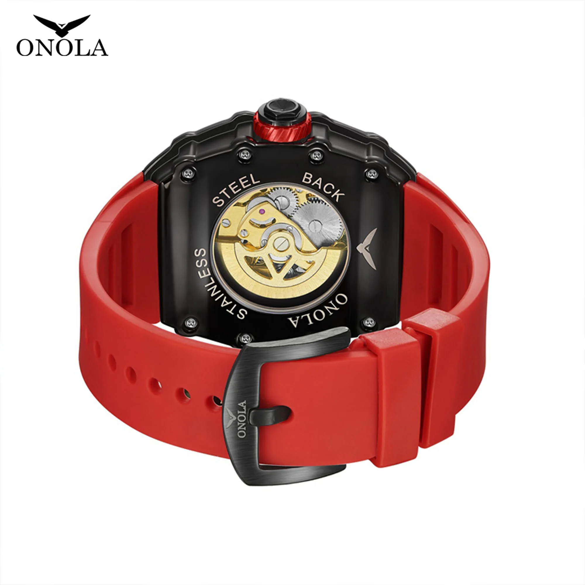 ONOLA Fashion Casual Watch For Mens Sports Silicone Strap Clock Tonneau Automatic Mechanical Wristwatch Man Reloj Dropshipping