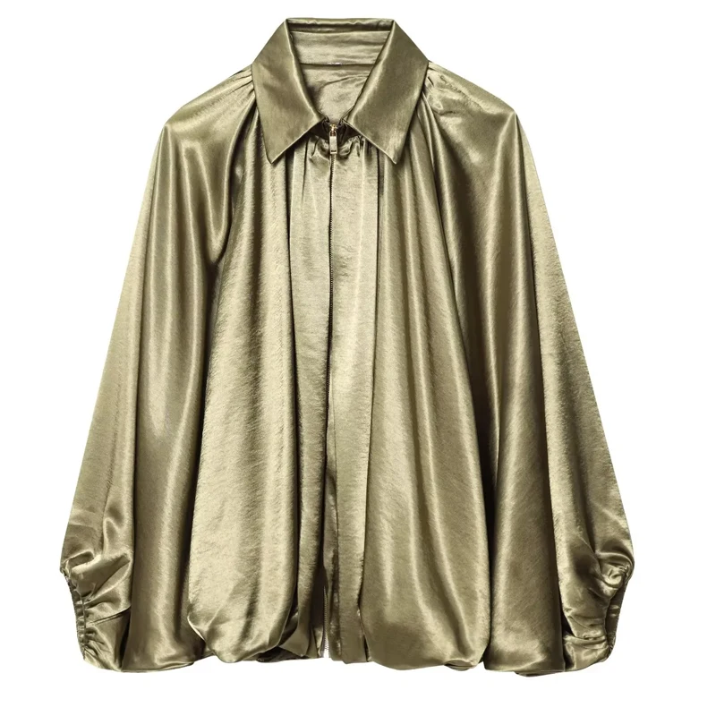 سترة نسائية منفوخة من HXAO بطيات كبيرة الحجم سترات نسائية منتفخة مقصوصة سترة صيفية ملابس خارجية بسحاب وأكمام طويلة سترة خضراء #5