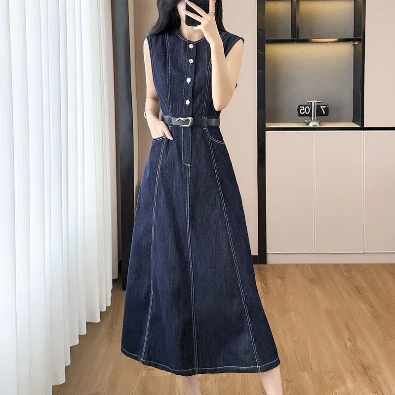 

Summer Sleeveless Tank Dress Women 2025 New Sundress Buttons Slim High Waist A-Line Long Dress Vintage Pocket Denim Dress