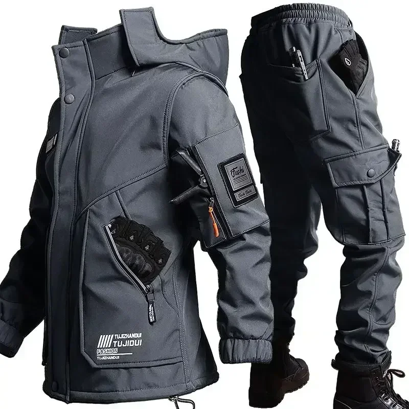 Winter Outdoor Mens Combat Sets Thicken Windproof Warm Tactical 2-pcs Fleece Multi Pocket Hooded Jacket+Cargo Pants Charge Suits