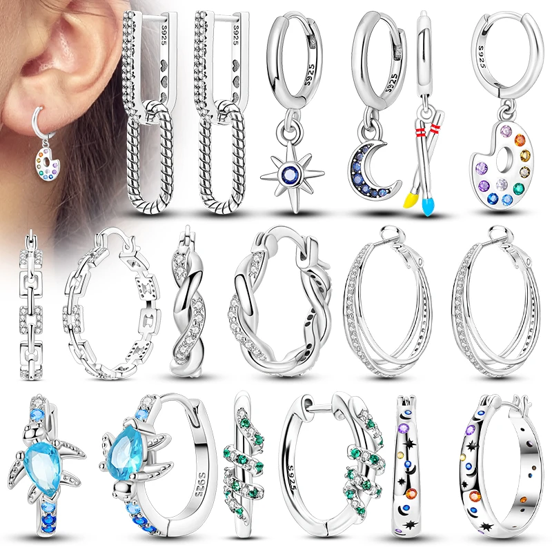

Hoop Earring 925 Sterling Silver Sparkling Heart Moon Star Round Circle Drop Earring For Woman Female Wedding Party Jewelry Gift