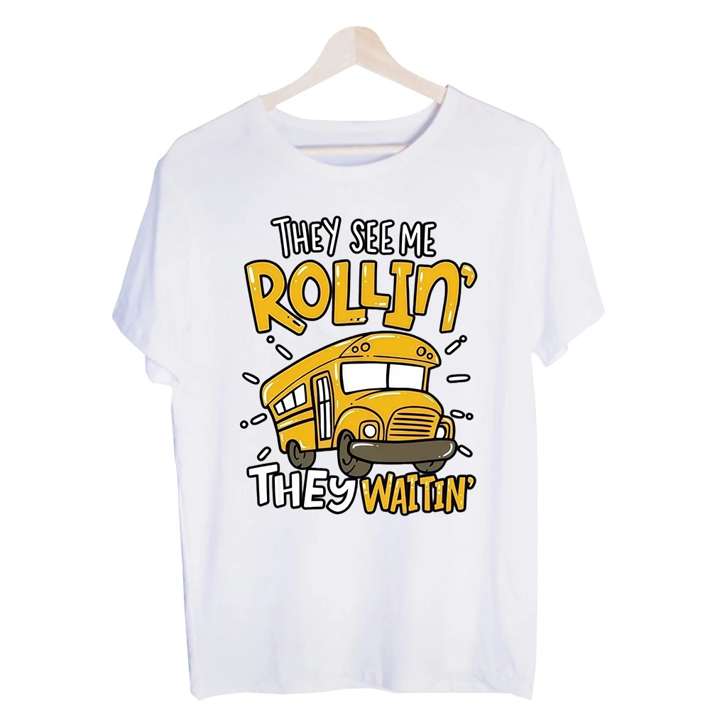 Men's School Bus Slogan Graphic Tee, Short Sleeve Crew Neck T-Shirt for Casual Daily Wear