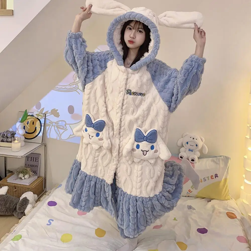 

Cartoon Cinnamoroll Women 2Pcs Plush Pajamas Set Sanrio Kawaii Autumn Winter Thicken Homeclothes Girls Warm Sleeping Gown Pants