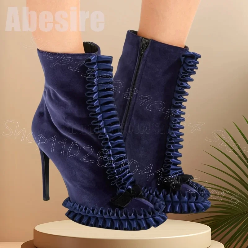 

Purple Ruffles Design Bow Knot Pointed Toe Boots Side Zipper Women Shoes Thin High Heels Party Banquet 2025 Zapatos Para Mujere