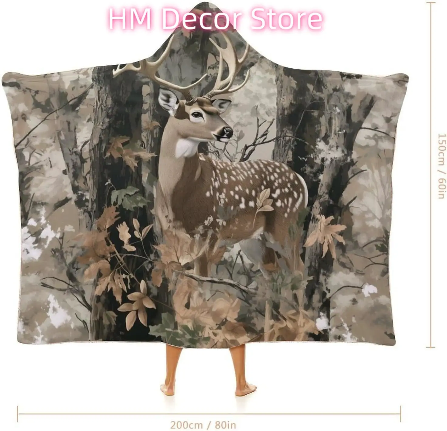 Forest Deer Wearable Blanket Deer Elk Decor Blanket Hoodie for Women Men, Camo Camouflage Hunting Hooded Blanket