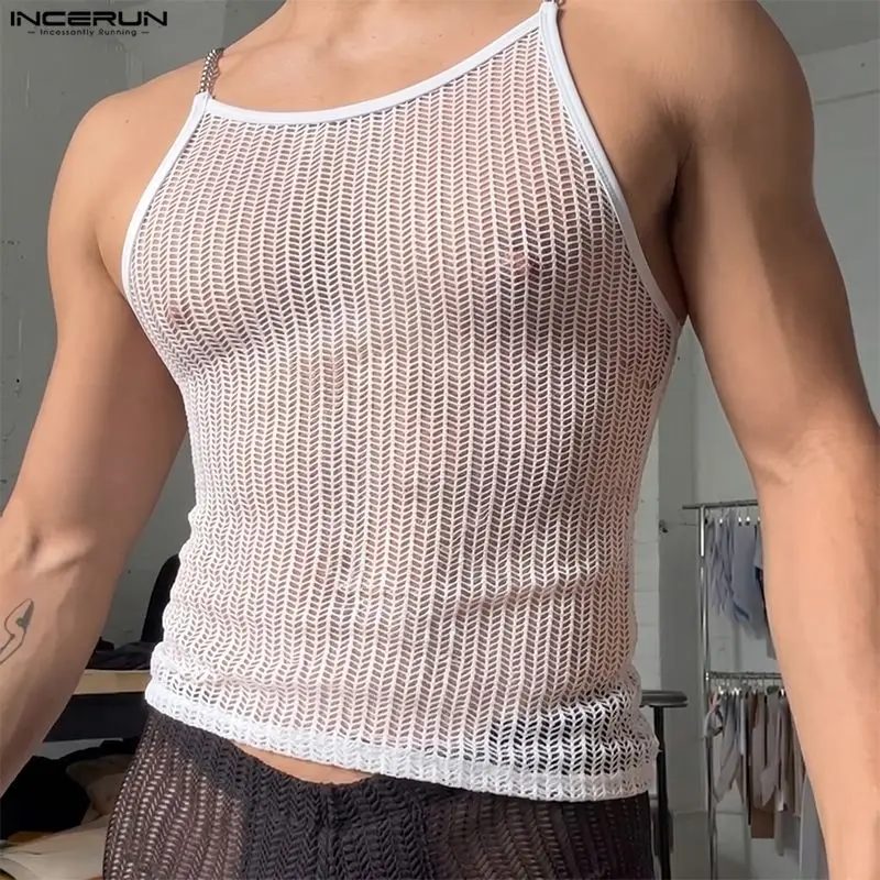 INCERUN Men's Tank Tops Mesh See Through O-neck Sleeveless Male Vests Summer Streetwear Hollow Out Sexy 2026 Stylish Men Clothes