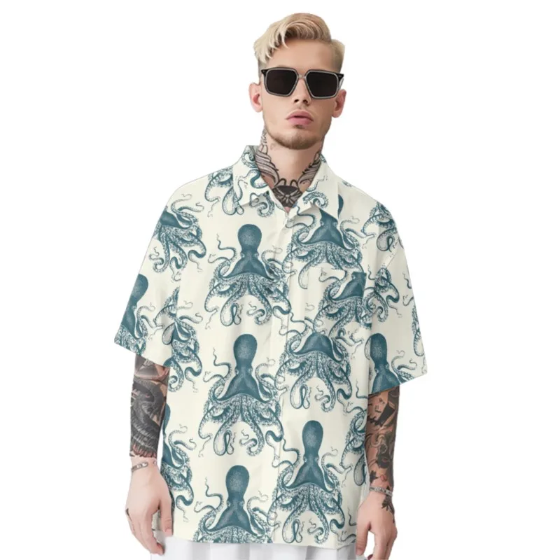 Octopus Print Shirt Men's Hawaiian Chest Pocket Shirt Casual Short Sleeve Daily Smart Business Shirt For Men