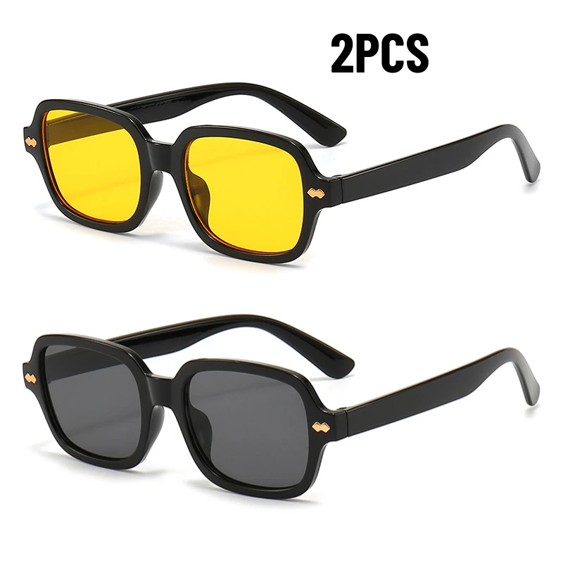 2PCS Vintage Square Sunglasses Woman Fashion Retro SunGlasses Female Yellow Mirror Eyewear Brand Designer Gradient Oculos De Sol