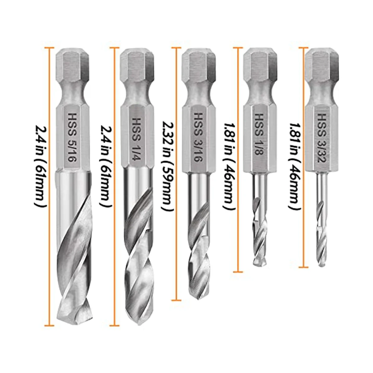 1/4 Hex Drill Bit Set 5PCS Stubby Drill Bit Set for Metal M2 Short Length Drill Bit Steel for Quick Change Chuck