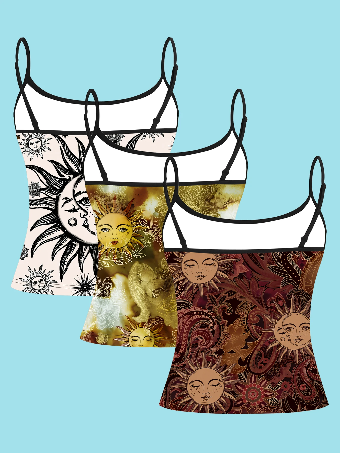 3-Pack of Women's Sun and Moon Totem Print Spaghetti Strap Tank Tops, Bohemian Retro Style Slim Fit Sleeveless Tops, Summer Inner Wear and Outerwear Base Layer Shirts