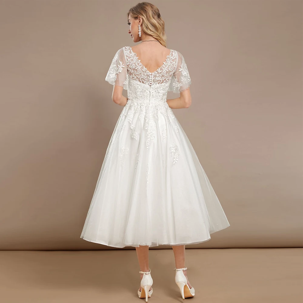 Gaun pernikahan lengan pendek leher V mode kustom Applique tumbuh pengantin renda ilusi mutiara Tulle A Line Vestido De Noiva