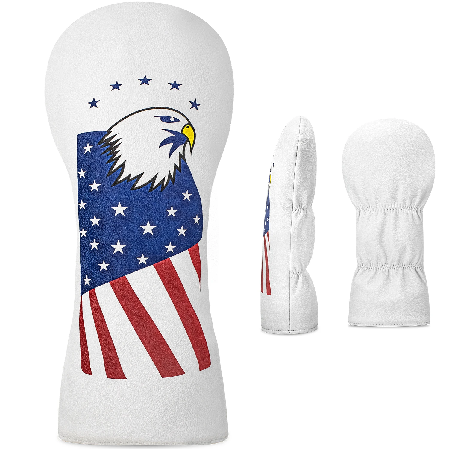 1PC/4PCS White USA Eagle Flag Print Golf Wood Headcover, Club Head Protector, Fits Driver Fairway Hybrid, Great Gift