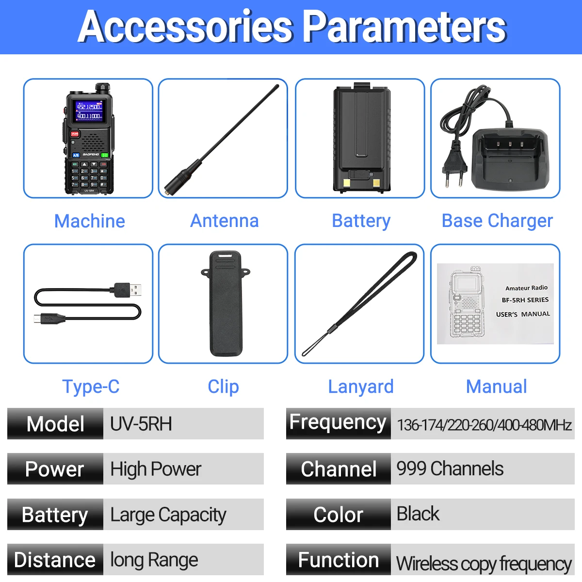 Baofeng UV-5RH Air Band Walkie Talkie Wirless Copy Frequency Type-C NOAA Long Range 999CH Upgraded UV-5R 5RM Ham Two Way Radio