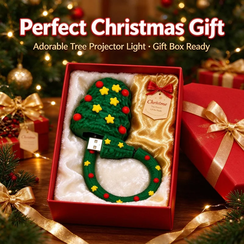 2026 New Christmas Tree Shape Projector Light USB Flexible Neck 6 Xmas Films Projector Night Light For Xmas Home Bedroom Decor