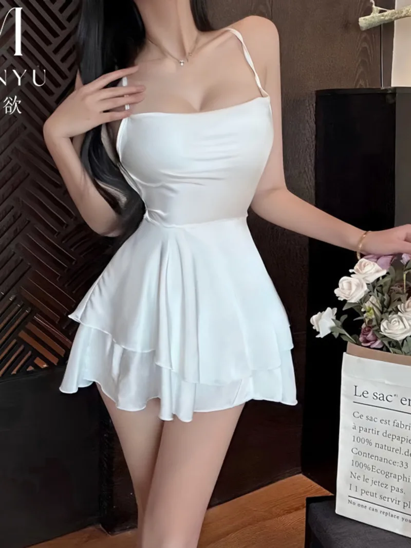 

Сексуальное мини-платье Pure Desire с атласным ремешком для сна, женское сексуальное красивое униформа с бретельками на спине, пижамное платье, элегантное O9G7