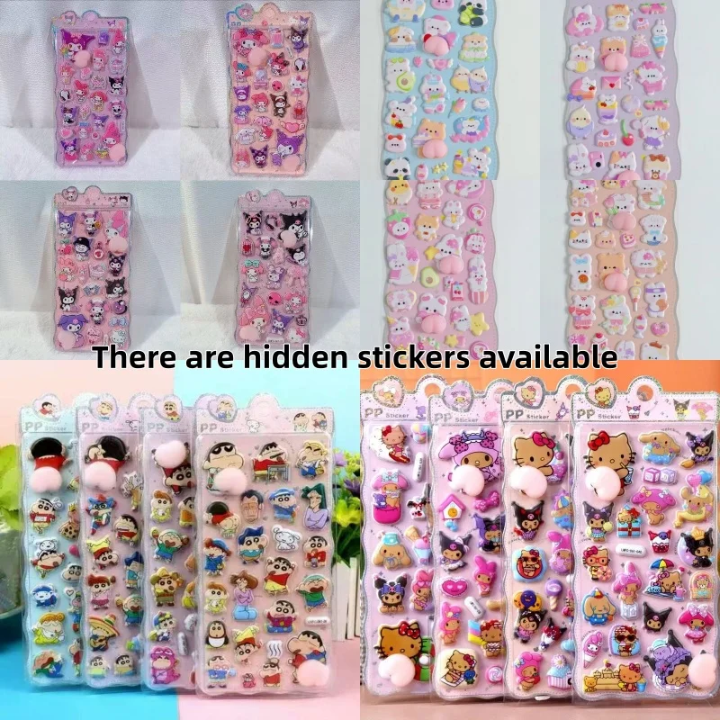 

4pcs Crayon Shin/Sanrio/Kuromi Soft Pinched Happy Buttocks Sticker Decompression 3d Bubble Sticker Phone Case Decoration Sticker