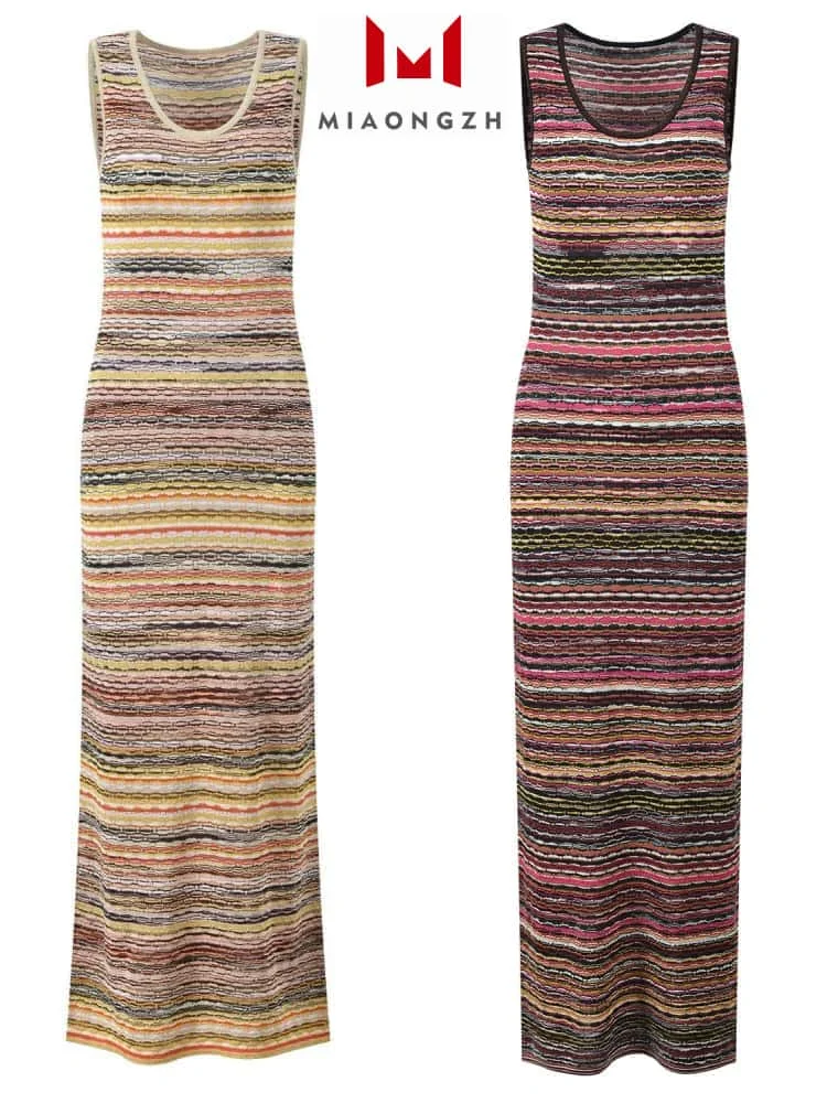 

2025 Summer New Knitted Sleeveless Dress Wavy Striped Hit Color Temperament Slimming Elegant O Neck Female Fashion Party Dresses
