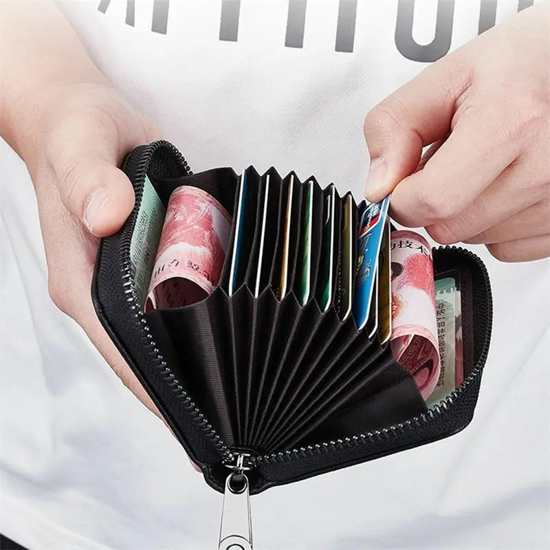 Tarjetero de cuero genuino para hombre y mujer, tarjetero Unisex con bolsillo y cremallera, monedero con cremallera