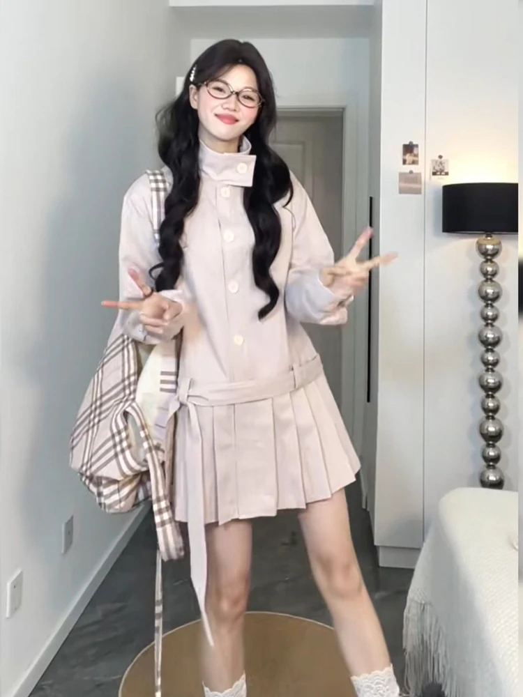 Sweet Pink Korean Sle Women's Long Coat Autumn 2025 New Belted Waist Slimming Pleated ort Skirt Single Button Closure