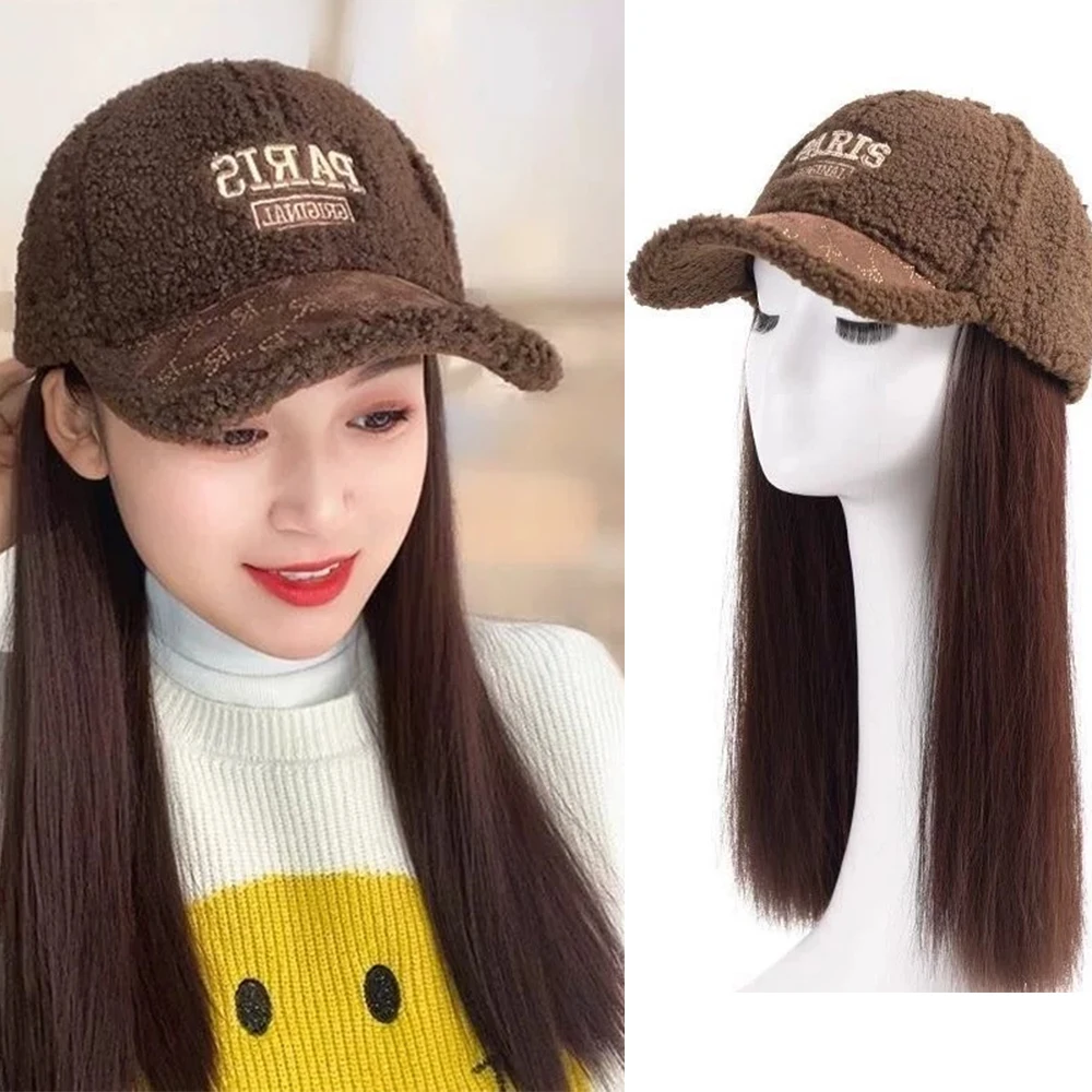 16inch Synthetic Long Straight Warm Baseball Cap Hat Wig Fashion Hat Hair Extensions Wig for girls with Heat Resistant Hairpiece