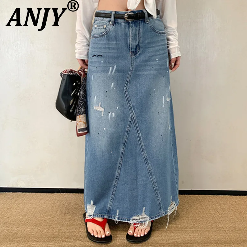 

ANJY Summer New Women Chic Skirt Washed Distressed Denim Frayed Ripped High Street Vintage Stylish Elegant Tide Y2K Skirts A9691