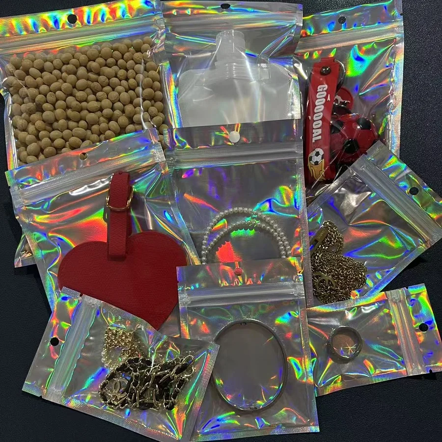 100pcs Smell Proof Bags Mylar Holographic Resealable Bags Foil Pouch Ziplock Bags for Party Favor Food Storage Jewelry Packaging - view 2