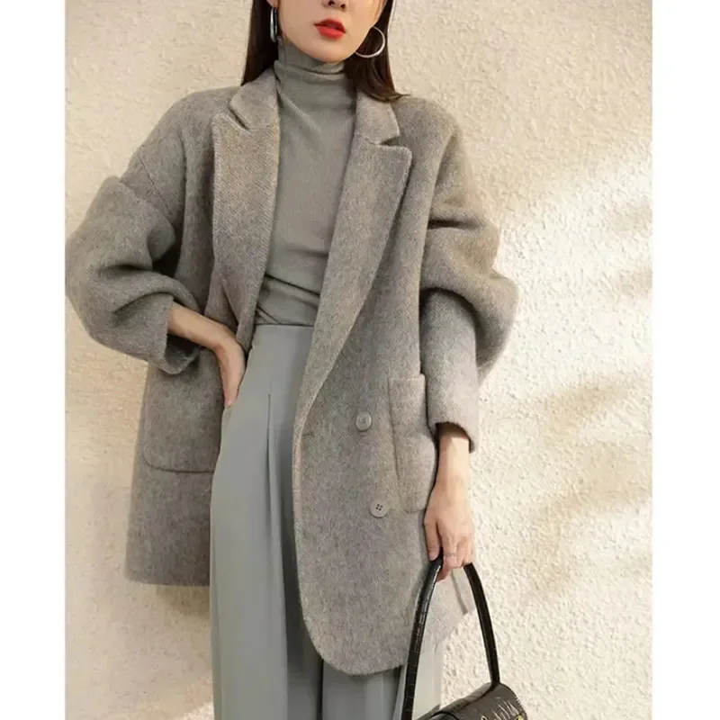 

Nice Korea Woolen Long Jackets Coats Tops Winter Laper Double Breasted Abrigos Casual Chaquetas Overcoat Classic Women Warm Casa