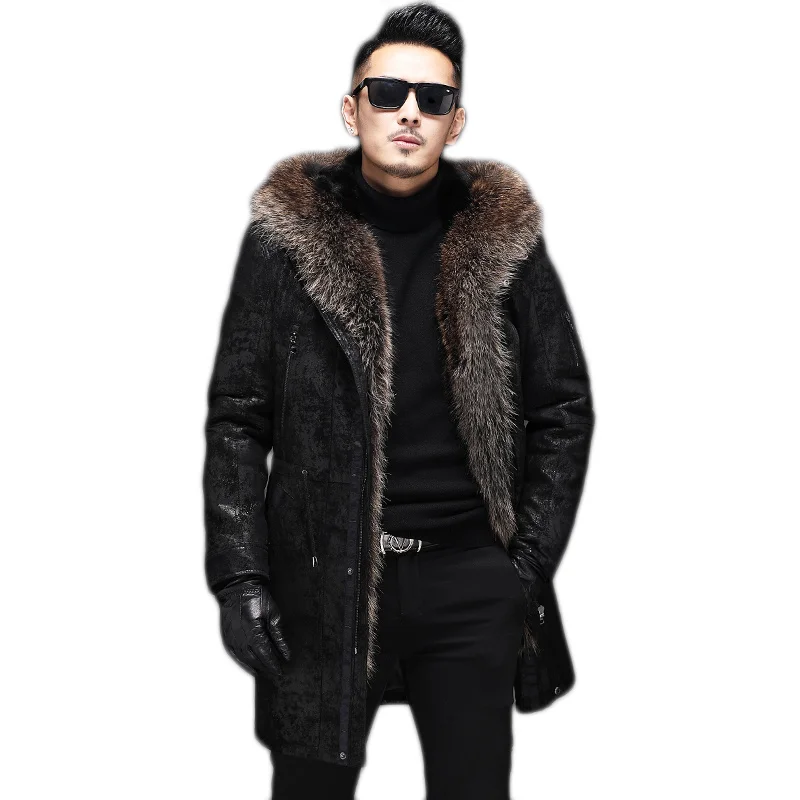 

Men's Genuine 2023 Leather Parkas Coat Male real Raccoon Mink Fur Clothes Men's natural Trench Coat Ropa 19-2301