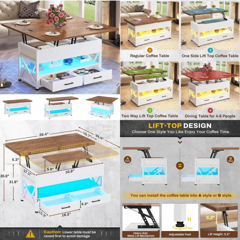 Table basse éclairée par LED avec tiroirs de rangement et plateau relevable pour le salon, solution blanche 4 en 1 pour petit espace