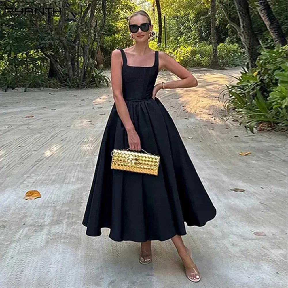 Ryanth Balck Square Neck Prom Dress Elegant Party Dress for Women A-Line Stain Evening Dress Holiday Dress vestido de festa 2024