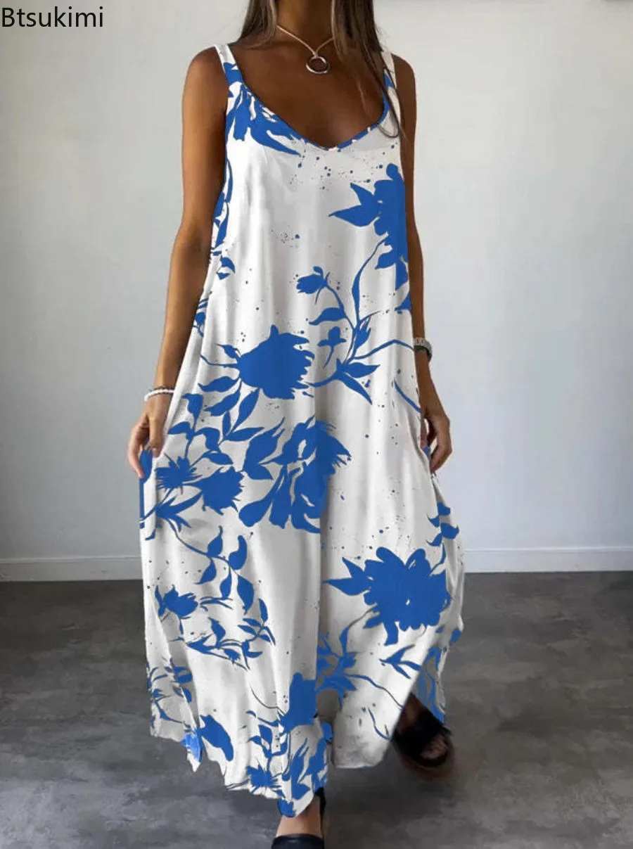 New Women's Summer Colorful Splash Ink Print Beach Vacation Street Dresss Fashion Flower Suspender Long Skirt Loose Dress Female