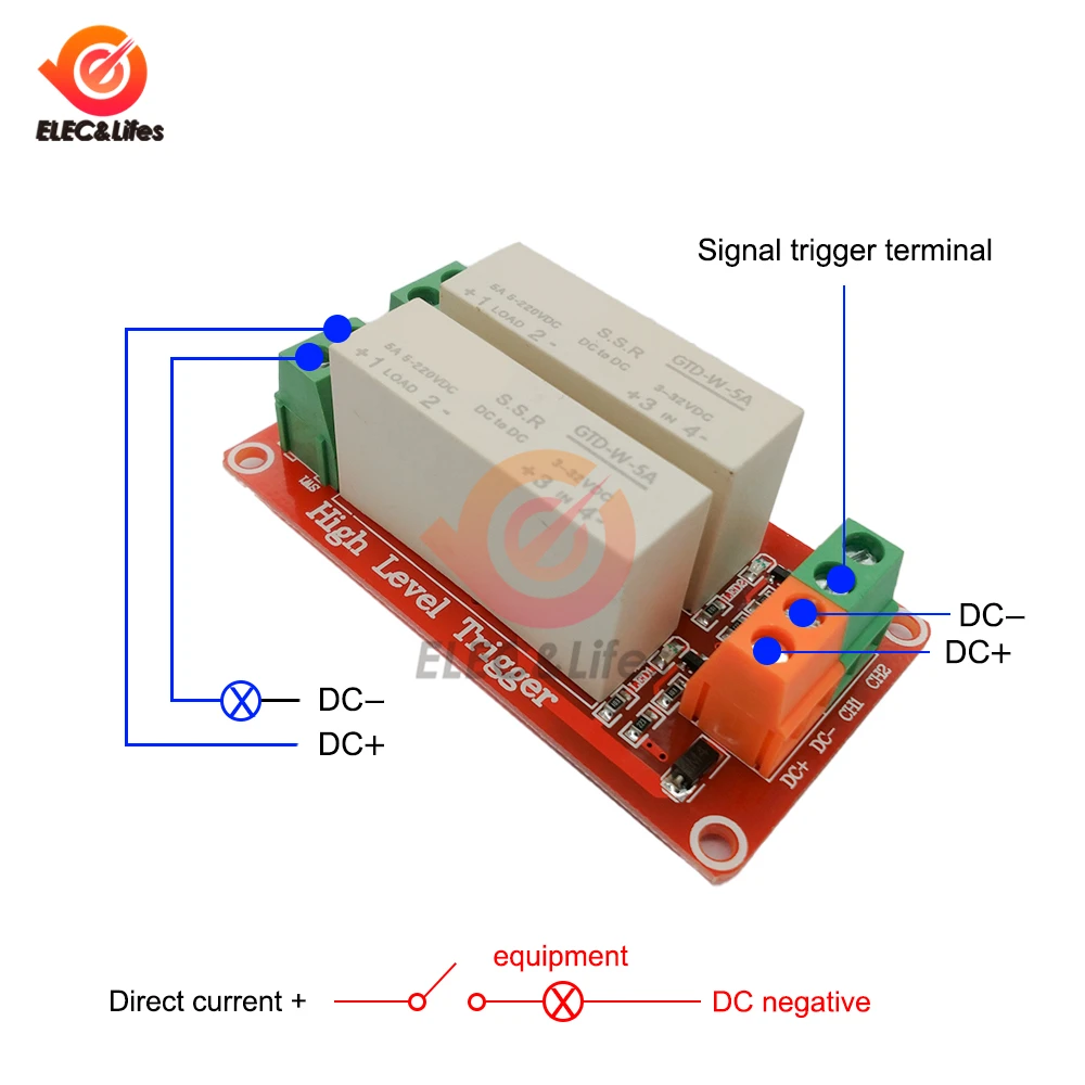 DC 3-32V 5A 2 Way High Level Triggered DC Controlled DC Solid State Relay Module 6V 12V 24V