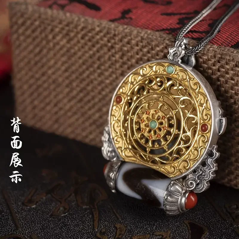 

UMQ Handmade Silver Gold-Plated Yellow God of Wealth Tiger Tooth Tibet Beads Ornament Retro Personalized Men and Women Pendant