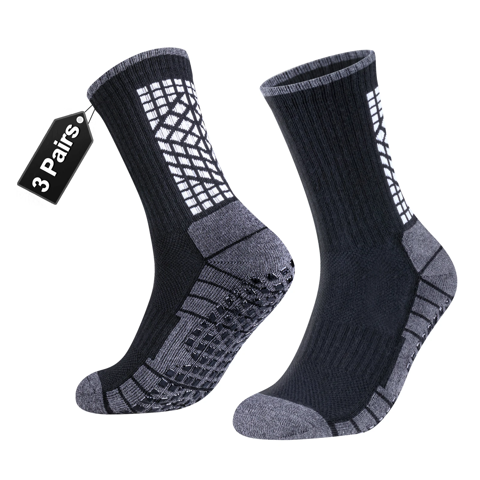 

YUEDGE Mens Grip Socks, Non Slip Cushioned Crew Yoga Pilates Soccer Football Training Athletic Socks, 3 Pairs