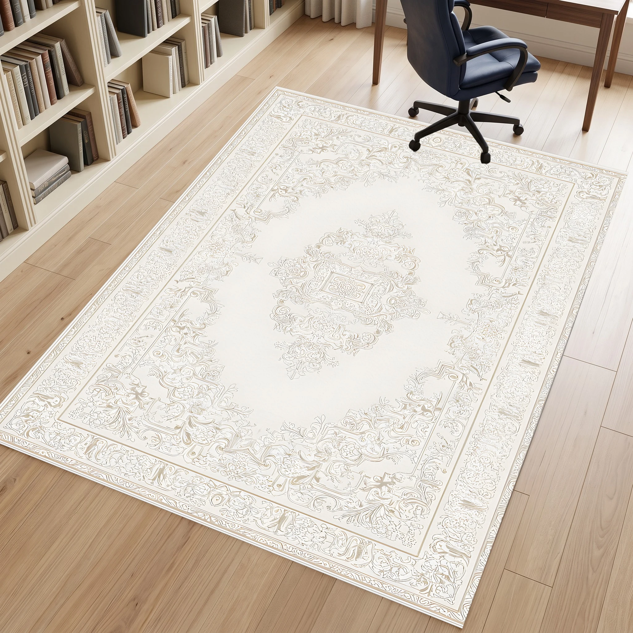 Off-White European Retro Floral French Light Retro Style Velvet Rug for Autumn, Winter, Christmas, and Other Holiday Soft Furnishings, Living Room, Bedroom, Coffee Table, Bedside, Cozy Decorative Rug