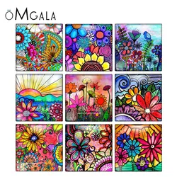 Art Colorful Oil Painting Flowers Square 10pcs mixed 12mm/20mm/25mm/30mm photo glass cabochon demo flat back Making findings