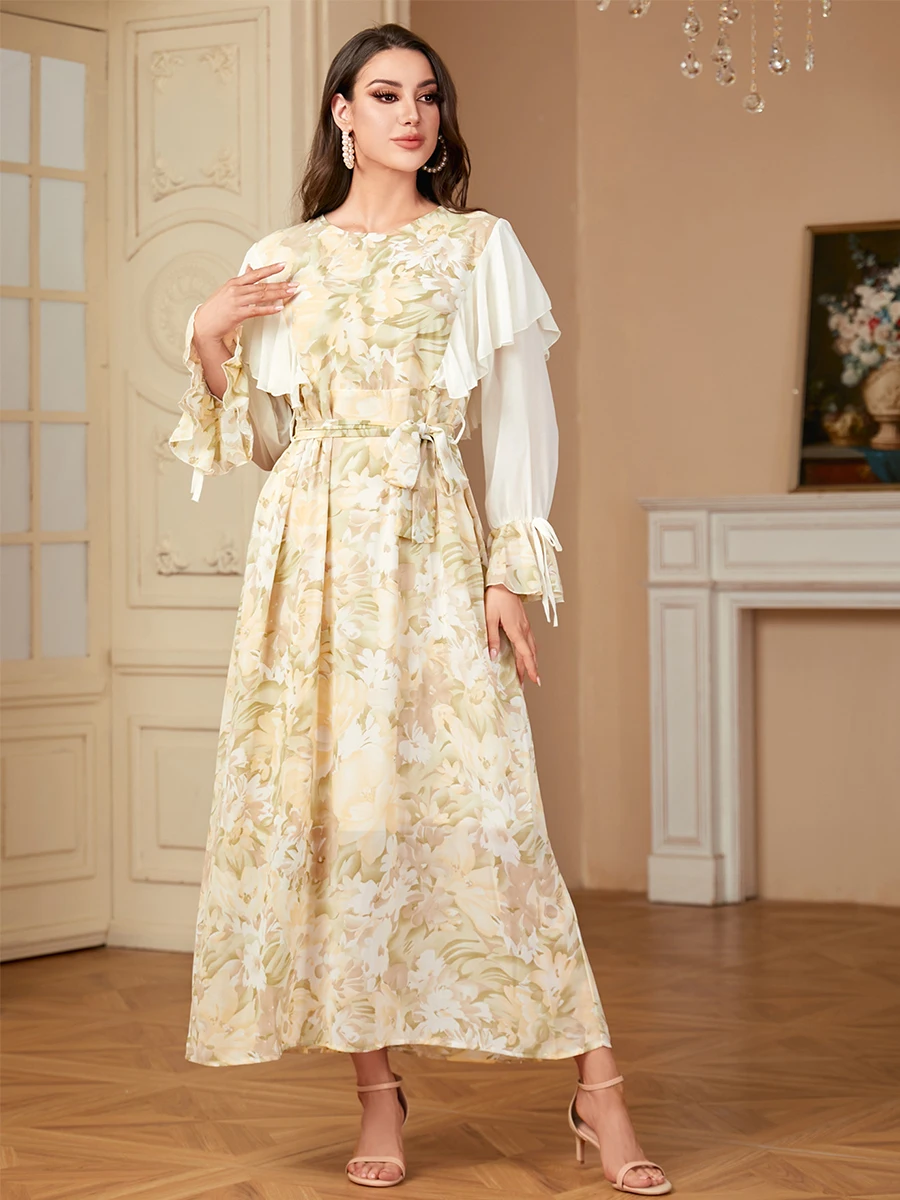 Siskakia Floral Print Chiffon Flare Sleeve Kaftan Abaya Dubai Turkey Muslim Dress Elegant Loose Cardigan Moroccan Fashion Kebaya