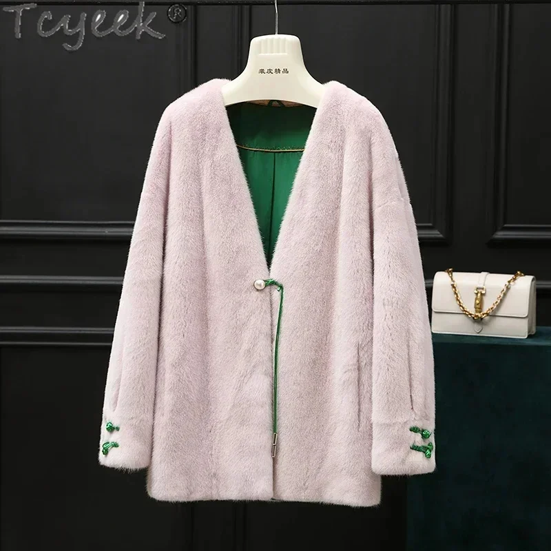 

Natural Tcyeek Female Mink Fur Coats Elegant Warm Winter Women's Jacket Mid-long V-neck Real Coat Women Clothes Overcoat