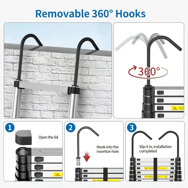 16FT Stainless Steel Telescopic Ladder with Hook Kit 330 Lbs Capacity, Steps Spaced 12 Inches Apart, Portable Compact Design