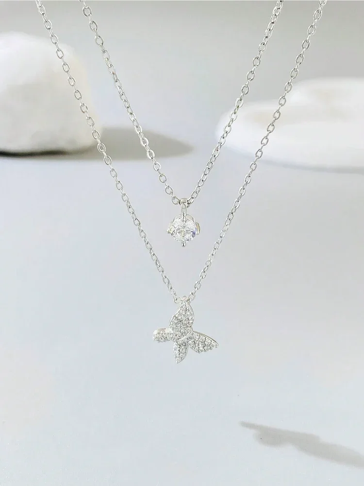 

925 Sterling Silver Sparkling Double Layered Butterfly Shiny Necklace For Women Anniversary Party Fashion Quality Fine Jewelry