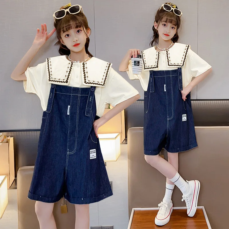 

Girls Summer Suit Kids Short Sleeve T-shirt + Jeans Bib 2pcs Sets Fashion Outfits School Children Clothing 4 6 8 10 11 12 Year