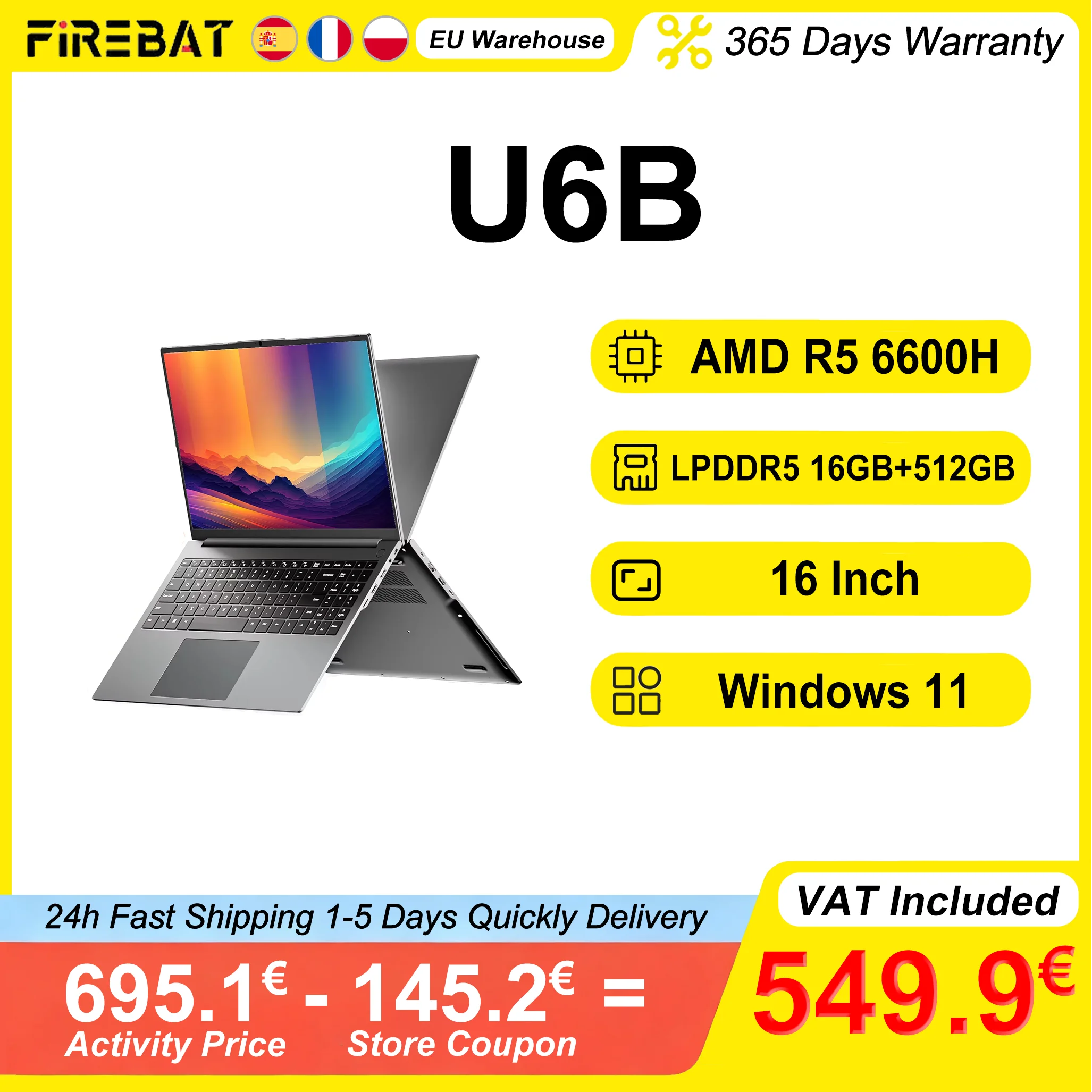 Firebat U6B Laptop AMD R5 6600H LPDDR5 6400MHz 16GB RAM 512GB SSD 16 Inch 2.5K 120hz IPS Windows 11 Notebook Type-C WIFI6 100% sRGB Full-size toetsenbord 6 cores 12 threads