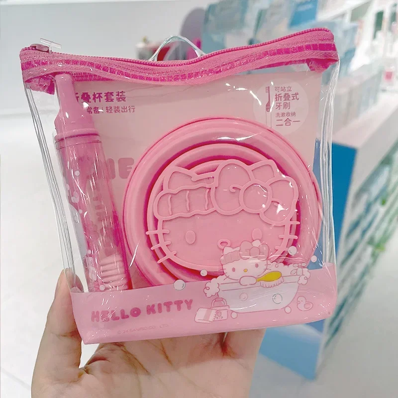 Sanrio Hellokitty folding cup mouthwash cup set travel portable toothbrush toothbrush tooth cup storage bag sanrio storage gift