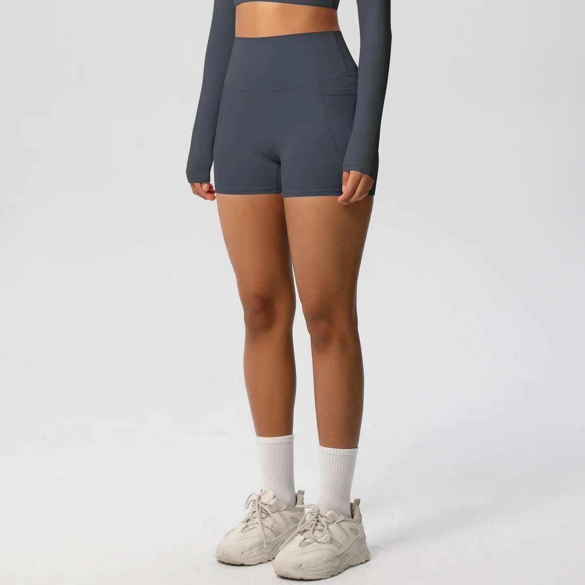 Einfarbige Yogahose mit Taschen, schnell trocknend, hohe Taille, für Fitnessstudio, Push-Up-Yoga-Shorts für Damen, atmungsaktiv, Workout, Fitness, kurz – Detail 29