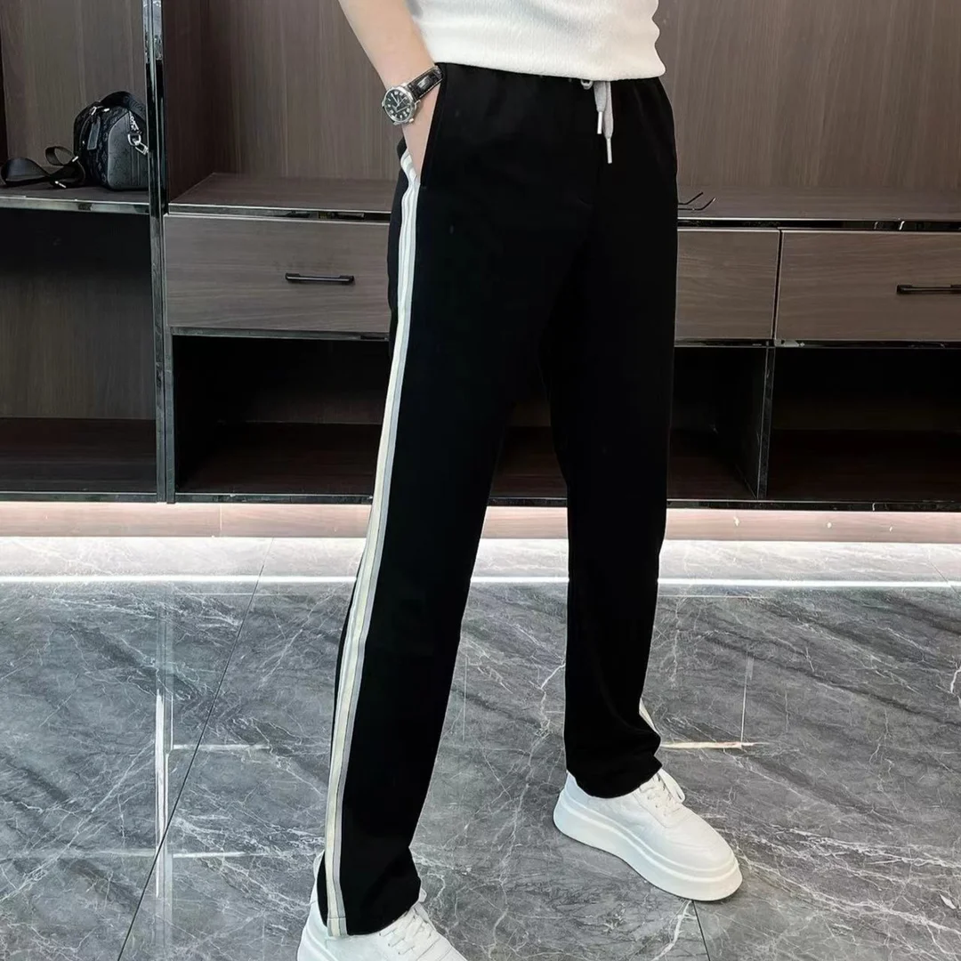 

Летние повседневные свободные брюки с полосатыми вставками и нашивками, спортивные, для отдыха, с маской для лица, мужские, тонкие, прямого кроя, модные, длинные