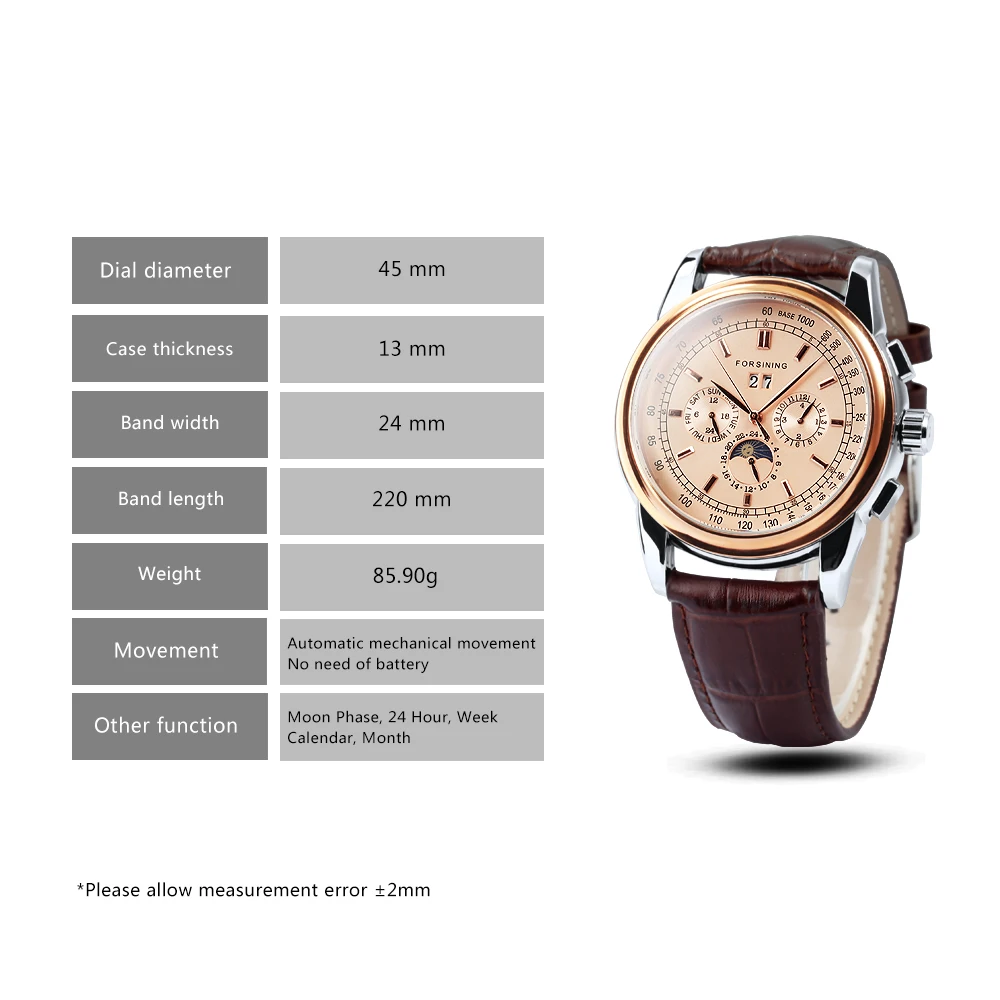 Forsining Retro Mechancial Watches Moon Phase Shanghai Movement Rose Gold Case Brown Leather Strap Luxury Automatic Mens Watch