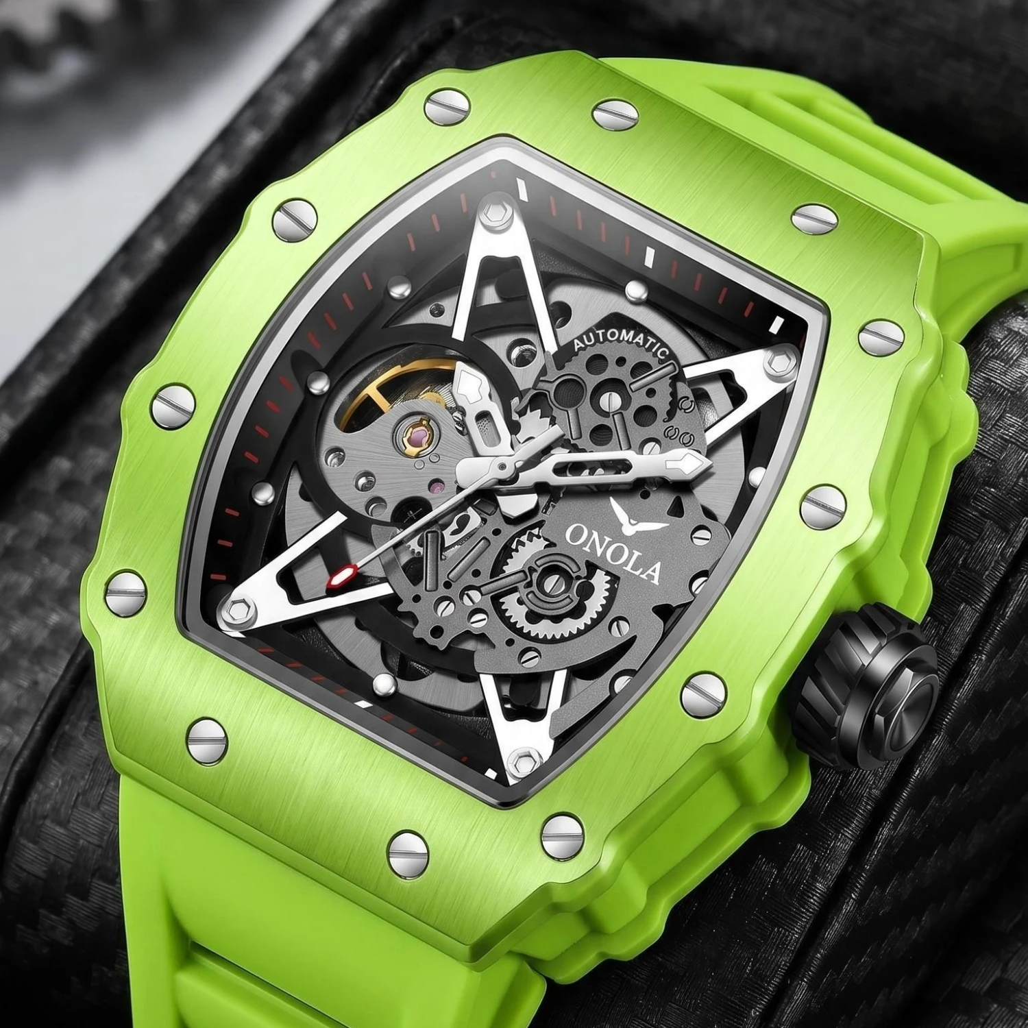 ONOLA Top Brand Colorful Case Automatic Watch Funny Green Sports Silicone Strap Luminous Waterproof Mechanical Watch for Men